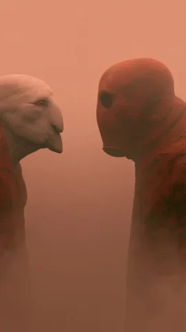 Two Beings in Quiet Tension — Midjourney v6 AI Prompt: two human-adjacent beings face-to-face, medium close framing, same species, same...