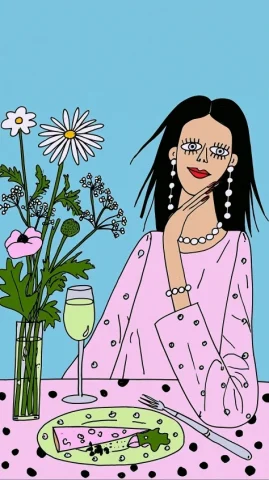 Elegant Dinner With Wine and Flowers — Midjourney v6 AI Prompt: a elegant female having dinner, wine, flowers, happy --ar 9:16 --sref 6531962495...