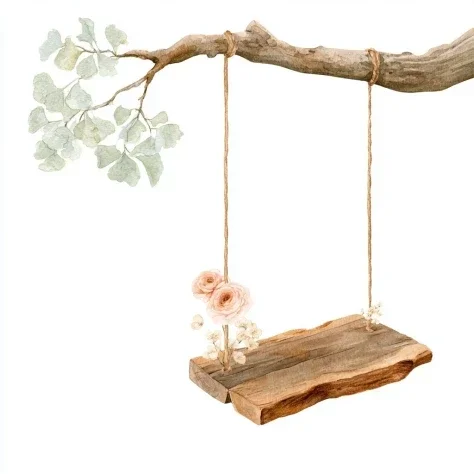 Watercolor Swing With Spring Blossoms — Midjourney v6 AI Prompt: storybook illustration, premium watercolor clipart, elegant simple wooden swing...
