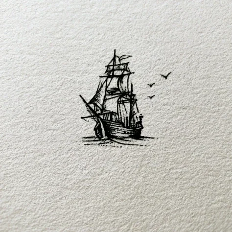 Fine Line Pirate Ship Tattoo — Midjourney v6 AI Prompt: minimal line art of a small pirate ship, ultra clean thin lines, extremely simpl...