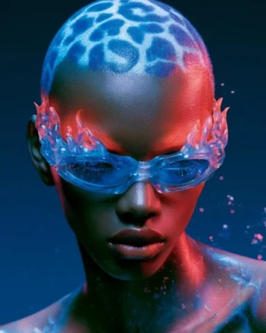 Blue Flame Sunglasses Avant-Garde Look — Midjourney v6 AI Prompt: A high-fashion portrait of a person with a futuristic, avant-garde aesthetic. Th...