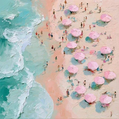 Impasto Beach With Pink Parasols