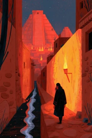 Priest Walking Tenochtitlan Before Dawn — Midjourney v6 AI Prompt: Acatl walks alone through empty Tenochtitlan streets in the last hour before daw...