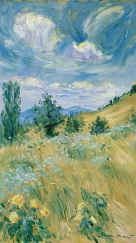 Monet Style Cottage Flower Field — Midjourney v6 AI Prompt: impressionism landscape painting, style of berthe morisot and claude monet. Yell...