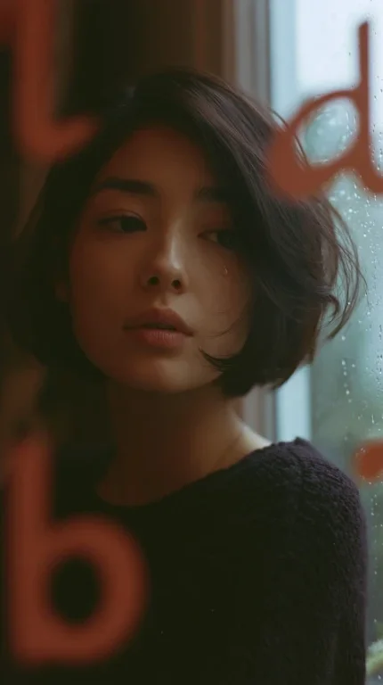 Rainy Night Window Girl in Knit Sweater