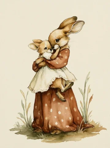 Watercolor Mother Rabbit Hugging Baby — Midjourney v6 AI Prompt: an intricate watercolor painting depicting a cute happy mother rabbit in a long...