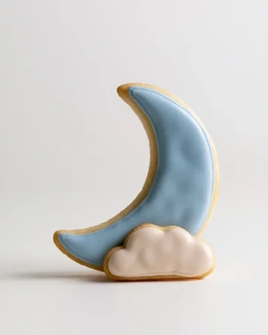 Crescent Moon Cookie on Cloud — Midjourney v6 AI Prompt: strictly front view, straight-on eye level shot, camera directly facing the cook...