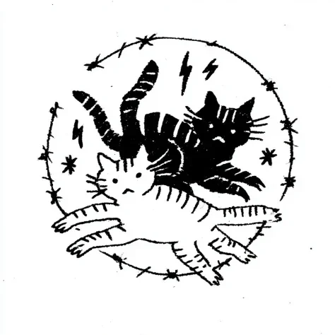 Two Striped Cats in Barbed Wire Emblem — Midjourney v6 AI Prompt: two striped cats loosely filling a rough circular shape, one cat with dark heavy...