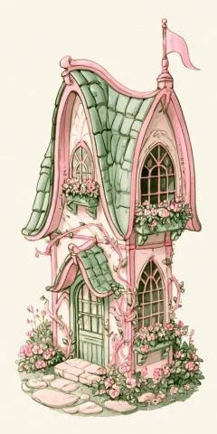 Pink Fairy Cottage Marker Illustration — Midjourney v6 AI Prompt: Cute marker illustration of whimsical pink fairy cottage with curved green tiled...
