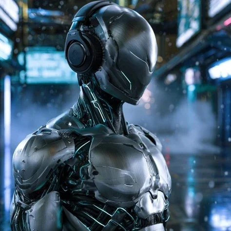 Titanium Robot Ninja With Headphones — Midjourney v6 AI Prompt: Ultra-realistic Zjhaman, an advanced robotic ninja wearing a seamless brushed ti...