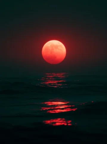 Red Eclipse Over a Dark Sea — Midjourney v6 AI Prompt: a glowing red moon eclipse sillhouette above a black reflective sea with calm vi...