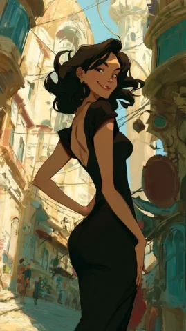 Ghibli Style Brunette With Sly Grin — Midjourney v6 AI Prompt: a beautiful brunette woman walking away, slim, in a fine dress, looking over sho...