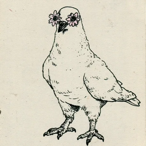 90s Skate Sticker Dove Mascot — Midjourney v6 AI Prompt: scrappy dove character with flower eyes, looks like an old skate sticker from th...