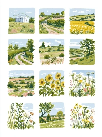 English Countryside Summer Tiles — Midjourney v6 AI Prompt: Square illustrated tiles. Each tile is separated from its neighbours by a small...