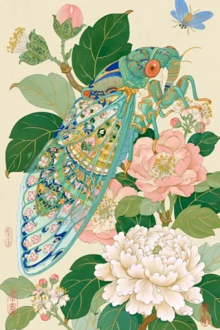 Ornate Cicada Illustration — Midjourney v6 AI Prompt: cicada --chaos 20 --ar 2:3 --sref 1837401645 --sref 1491457168 --sref 27747029 -...