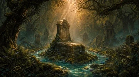 Enchanted Forest Grave — GPT Image 2.5 AI Prompt: Create a cinematic dark-fantasy landscape of an ancient overgrown cemetery hidde...
