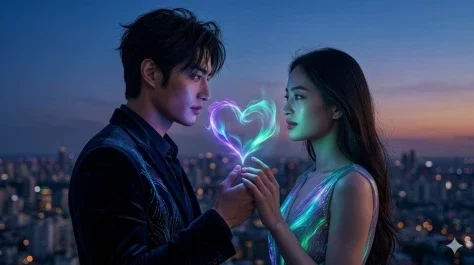 Cinematic Aurora Heart Lovers Photography — Nano Banana 2 AI Prompt: Ultra-realistic cinematic photography. Two lovers reach toward each other while...