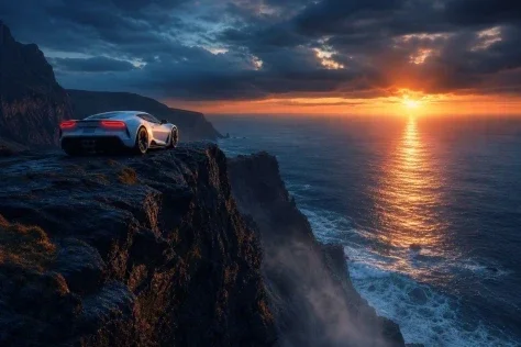 Sports Car on Ocean Cliff — GPT Image 2.5 AI Prompt: Create a cinematic photorealistic landscape scene at the edge of the world: a si...