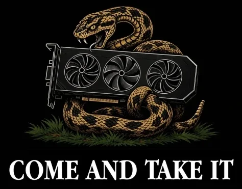 Rattlesnake GPU Poster — GPT Image 2.5 AI Prompt: Create a bold black-background graphic in the style of a vintage political flag...