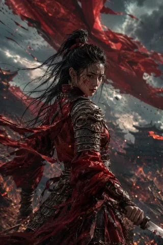 Crimson Battlefield Warrior — GPT Image 2.5 AI Prompt: Create a cinematic dark fantasy portrait of a fierce ancient Chinese female warr...