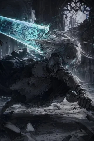 Cyan Clockwork Battle Maid — GPT Image 2.5 AI Prompt: Create a dramatic dark fantasy anime illustration of a silver-haired battle maid...