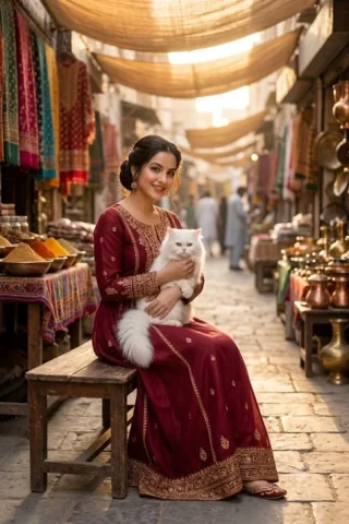 Product Marketing - South Asian Woman in Vibrant Bazaar — Nano Banana 2 AI Prompt: "subject": {"person": {"appearance": "Young South Asian woman with a warm smile,...