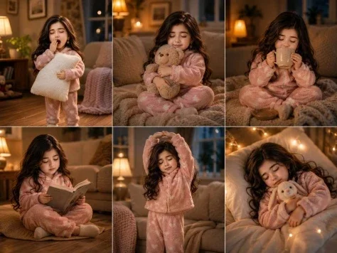 Cozy Six-Panel Bedtime Stages — GPT Image 2.5 AI Prompt: Goal: Create a cozy 6-panel lifestyle photo collage showing the stages of trying...