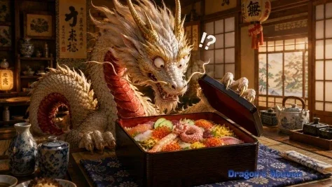Shocked Dragon Opens Chirashi Sushi — GPT Image 2.5 AI Prompt: Create a cinematic, highly detailed fantasy-realistic image of an elderly Ryugu...