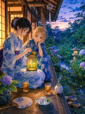 Girl on Summer Veranda — GPT Image 2.5 AI Prompt: A girl looking at a firefly cage on a summer veranda side-by-side with an intern...