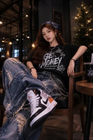 Ultra-Realistic Streetwear Café Portrait — GPT Image 2.5 AI Prompt: Ultra-realistic fashion portrait of a stylish young woman relaxing in a premium...