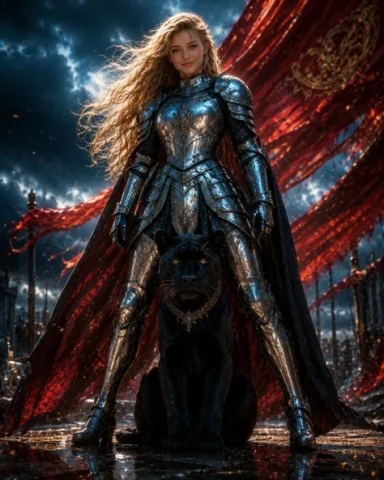 Armored Warrior with Black Panther — GPT Image 2.5 AI Prompt: Create a cinematic dark fantasy portrait of Luna and me: a young female warrior...