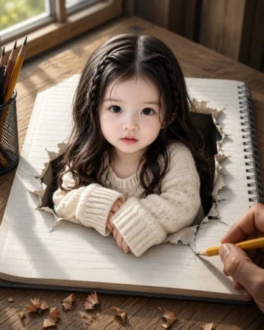 Girl Emerging From Torn Notebook — GPT Image 2.5 AI Prompt: Create an ultra-realistic surreal portrait on a vertical 4:5 canvas: a tiny youn...