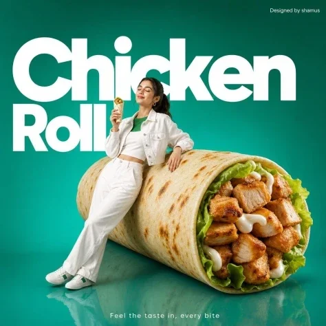 Minimalist Chicken Roll Ad — GPT Image 2.5 AI Prompt: Minimalist commercial ad featuring oversized premium chicken rolls, ultra-clean...
