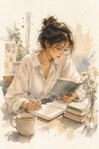 Minimalist Watercolor Reading Scene — GPT Image 2.5 AI Prompt: A minimalist watercolor illustration of a young woman immersed in a quiet everyd...