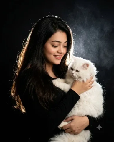 Cinematic Woman and Cat Portrait — Nano Banana 2 AI Prompt: A cinematic, magazine-cover quality portrait of a young South Asian woman with l...