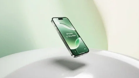 Floating iPhone Product Shot — GPT Image 2.5 AI Prompt: Premium product shot of a iPhone 17 Pro Max floating diagonally above a glossy w...