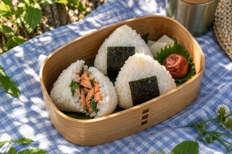 Three Rice Balls on a Picnic Cloth