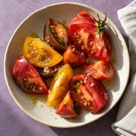 Tomatoes Like Sliced Jewels — Nano Banana 2 AI Prompt: Generate exactly one original image, a single finished food photograph with aspe...