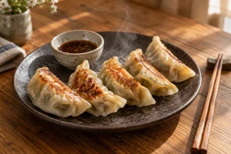 An Arc of Freshly Fried Dumplings — Nano Banana 2 AI Prompt: Generate exactly one original image, a single finished food photograph with aspe...
