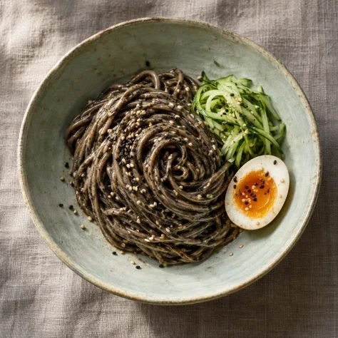A Spiral of Black Sesame Noodles — Nano Banana 2 AI Prompt: Generate exactly one original image, a single finished food photograph with aspe...