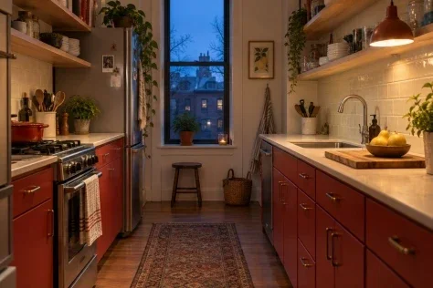 A Tomato-Red Kitchen at Dusk