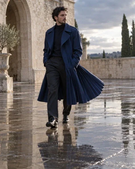 Cobalt Pleats Across a Wet Courtyard