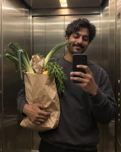 Weekend Groceries in the Elevator Mirror