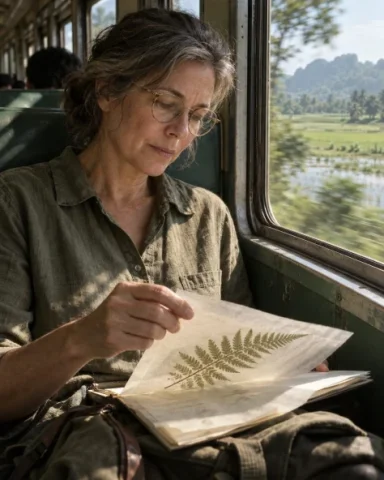 A Fern on the Train Past Rice Fields — Nano Banana 2 AI Prompt: Generate exactly one original image, a single finished photograph with aspect ra...