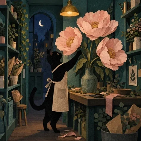 The Black Cat Florist at Midnight