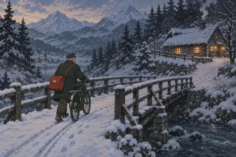 The Bicycle Postman on the Snowy Bridge