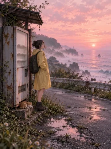 Vending Machine by the Dawn Sea — Nano Banana 2 AI Prompt: Generate exactly one finished image, never a collage, grid, or multiple variants...