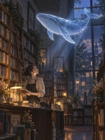 A Whale in the Bookstore Light — Nano Banana 2 AI Prompt: Generate exactly one finished image, never a collage, grid, or multiple variants...