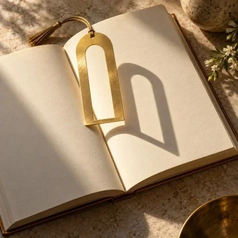 Brass Doorway Bookmark — Nano Banana 2 AI Prompt: Generate exactly one finished image, never a collage, grid, or multiple variants...