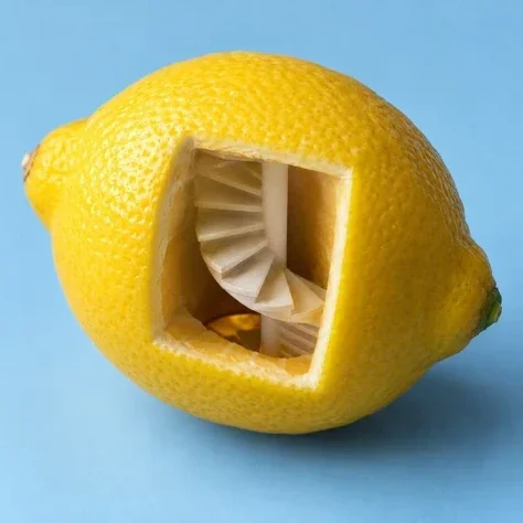 A Staircase Inside a Lemon — Nano Banana 2 AI Prompt: Generate exactly one finished image, never a collage, grid, or multiple variants...